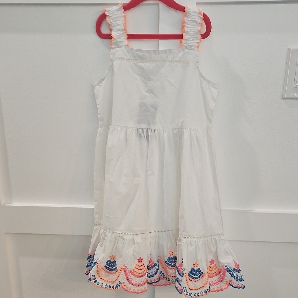crown & ivy White Dress with Pink and Blue Hem Embroidery
